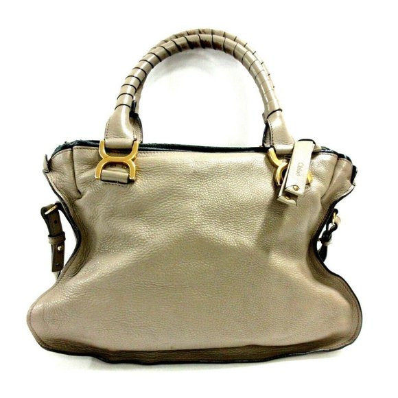 Auth Chloe Marcie Gray Beige Leather Handbag - Picture 3 of 9